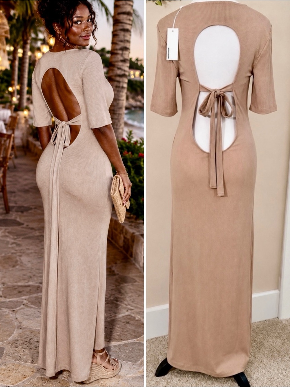 💥NWT Reformation Dosch Stretch Rib Knit Tie Back Backless Maxi Dress Sand~XL🧡